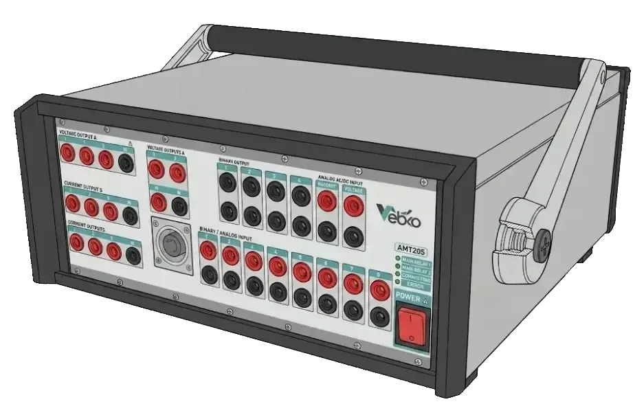 Vebko AMT 105 y AMT 205 — test sets portátiles para ensayo de relés y protecciones eléctricas