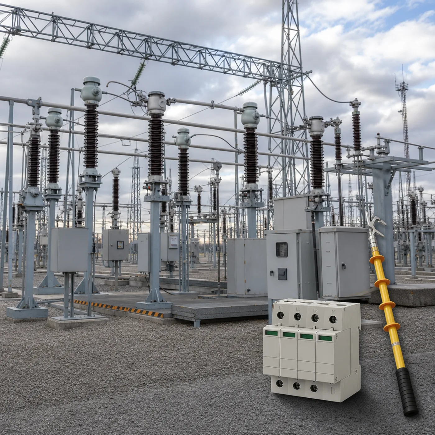Subestación con protección atmosférica — sobretensiones y pértiga dieléctrica