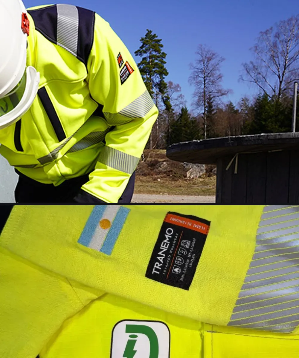 Ropa Tranemo Arc Flash en uso y detalle de parches FR